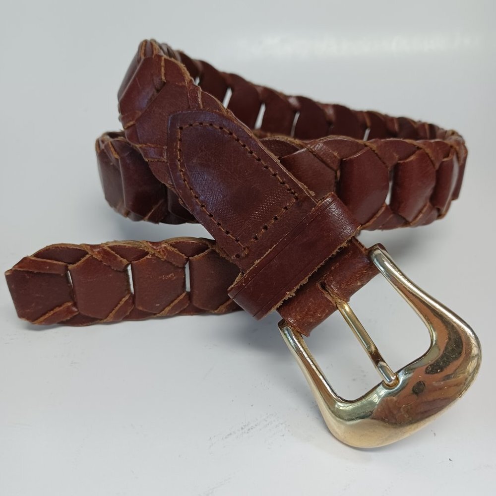 Brown‎ Belt Genuine Leather Woven Belt with Gold Tone Buckle Western